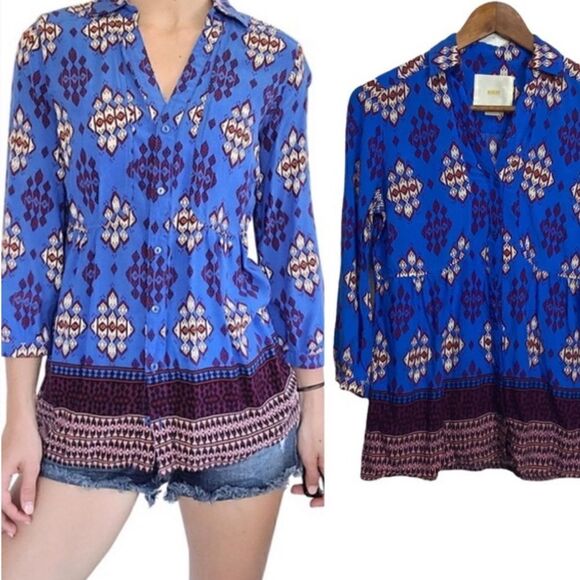 Maeve Anthropologie Woodland Walk Blue Burgundy Tribal Patterned Top Womens Sz 4 - Picture 1 of 6